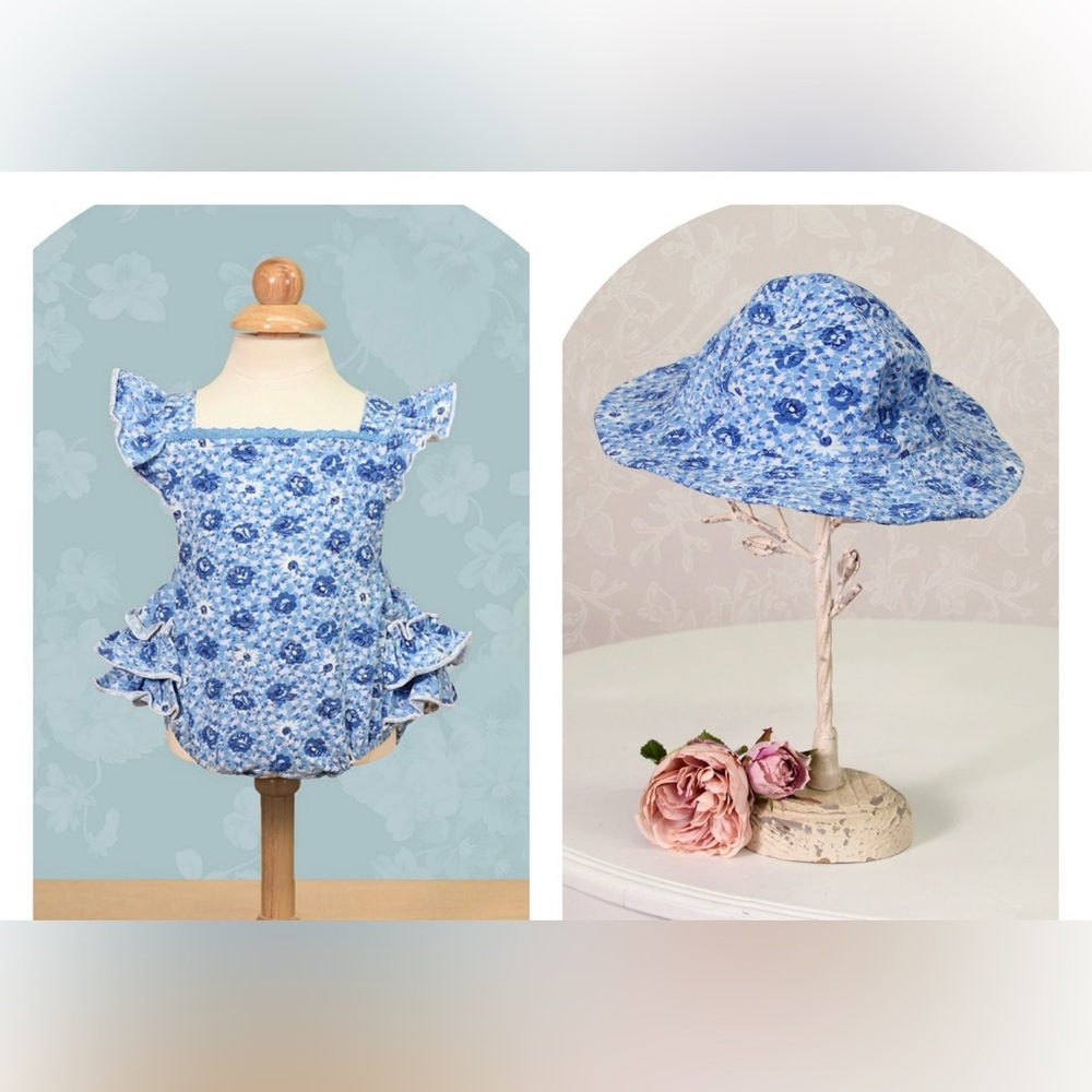 NWT- Blue Floral Baby Romper with Matching Sun Hat
